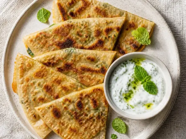 Afghan Bolani Potato Flatbread with Mint Yogurt, original finished dish food photograph