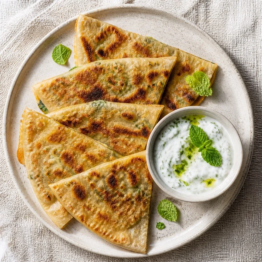 Afghan Bolani Potato Flatbread with Mint Yogurt, original finished dish food photograph