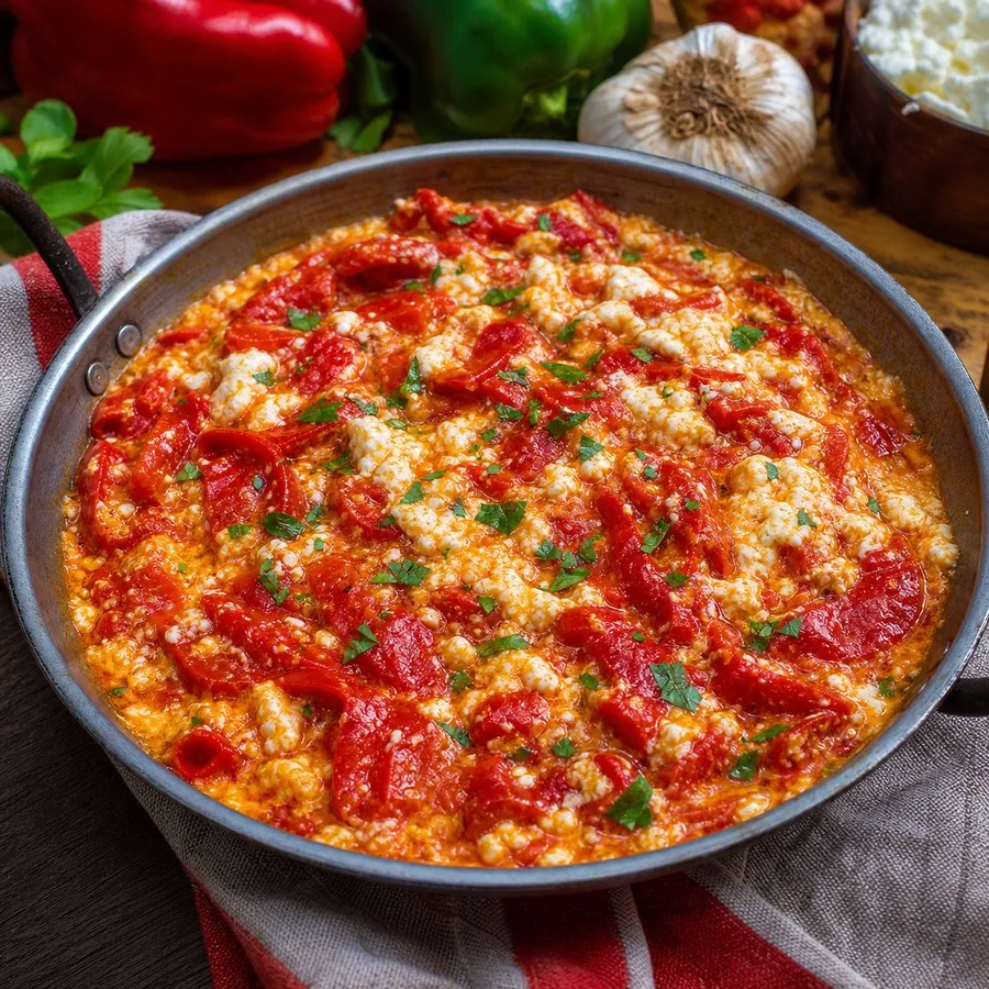 Albanian Fërgesë Peppers and Cheese, finished dish