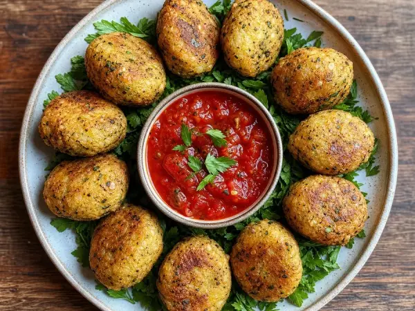 Albanian Qifqi Rice Herb Bites with Tomato Sauce, plated and ready to serve