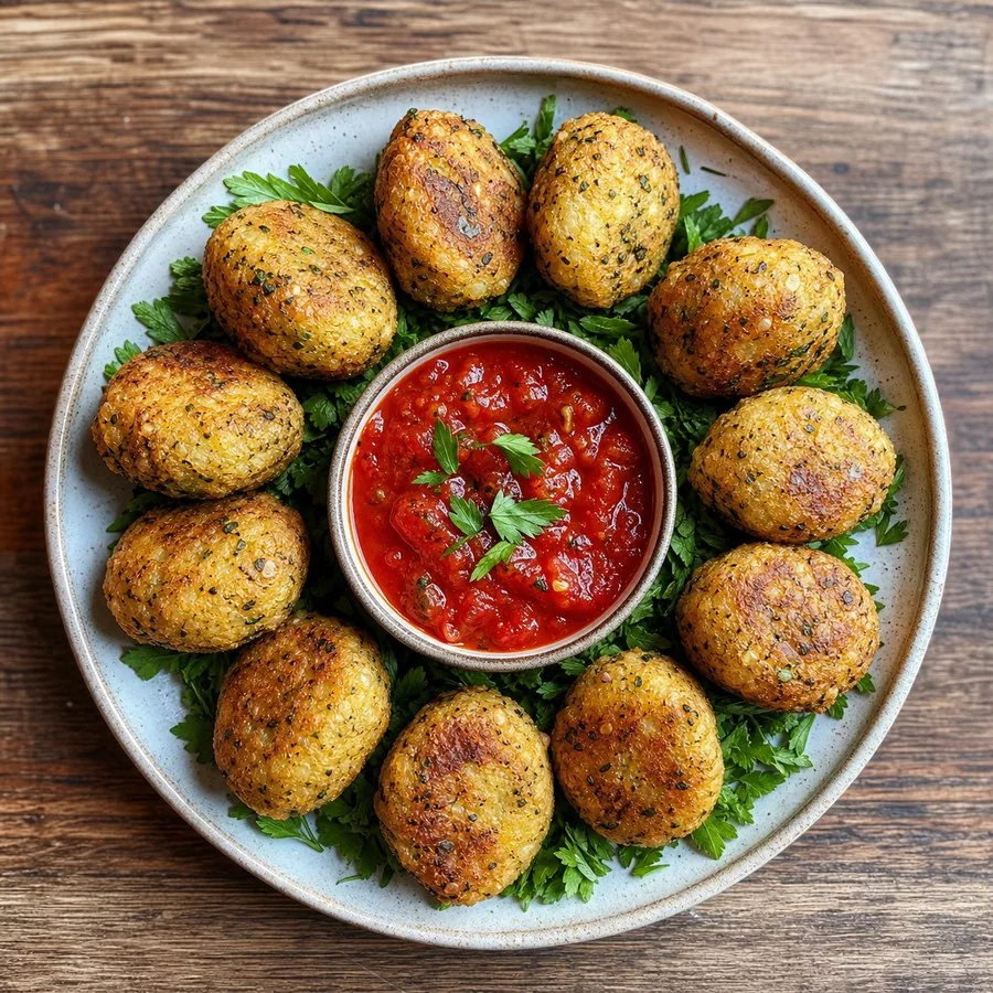 Albanian Qifqi Rice Herb Bites with Tomato Sauce, plated and ready to serve