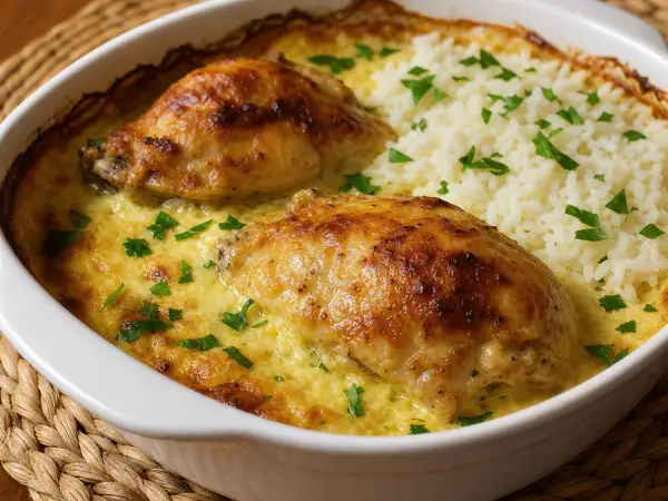 Albanian chicken baked in yogurt sauce with rice