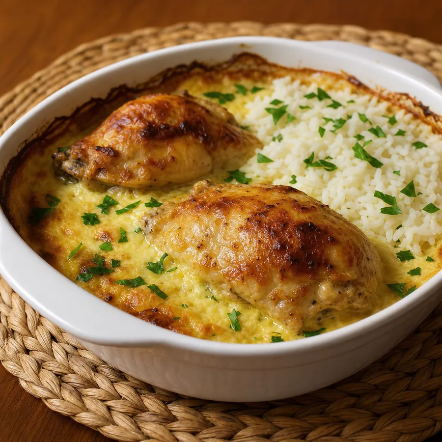 Albanian chicken baked in yogurt sauce with rice