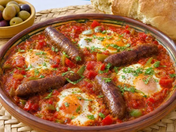 Algerian Chakchouka with Merguez and Bread, plated as a finished dinner