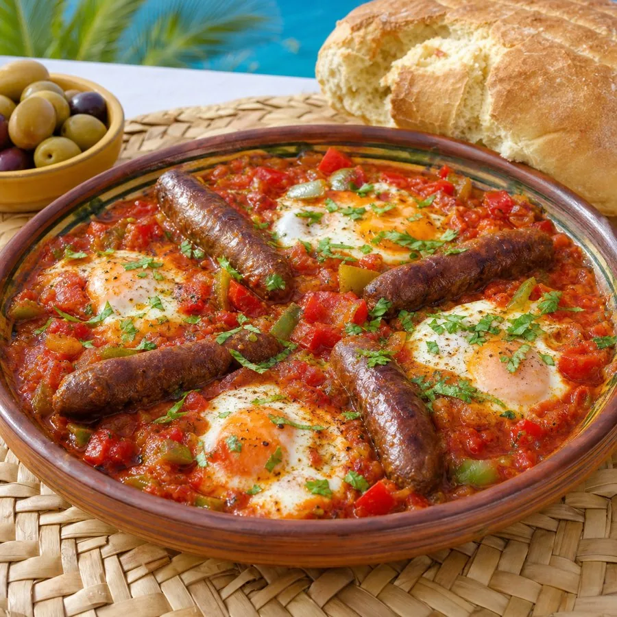 Algerian Chakchouka with Merguez and Bread, plated as a finished dinner