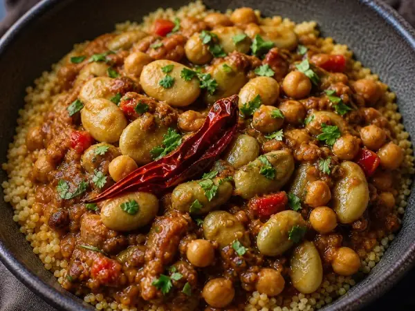 Algerian Doubara Bean and Chickpea Bowl, plated as a finished dinner