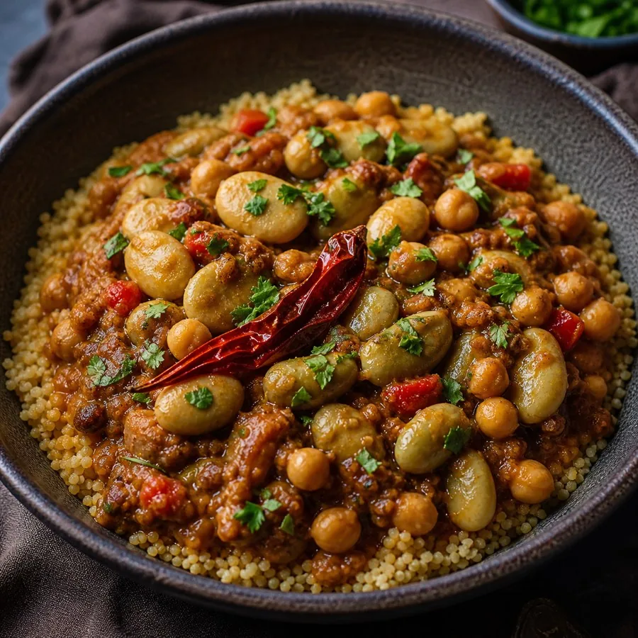 Algerian Doubara Bean and Chickpea Bowl, plated as a finished dinner