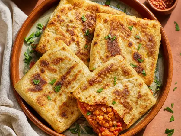 Algerian Mhadjeb Red Lentil Flatbreads, finished dinner