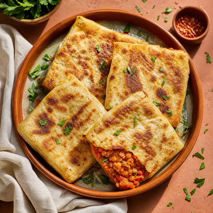 Algerian Mhadjeb Red Lentil Flatbreads, finished dinner