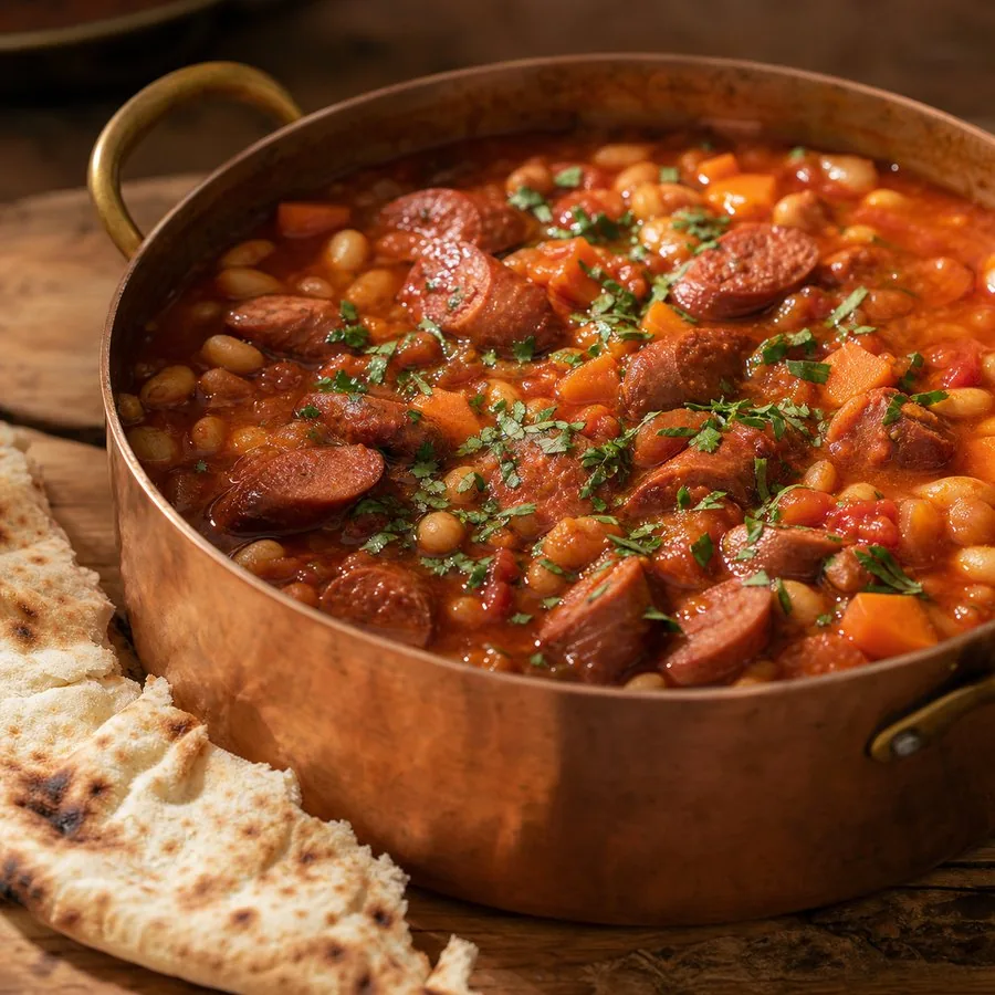 Algerian white bean and merguez stew in a copper pot