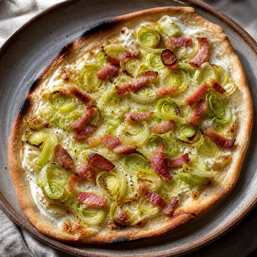 Alsatian Tarte Flambée with Leeks, finished dish