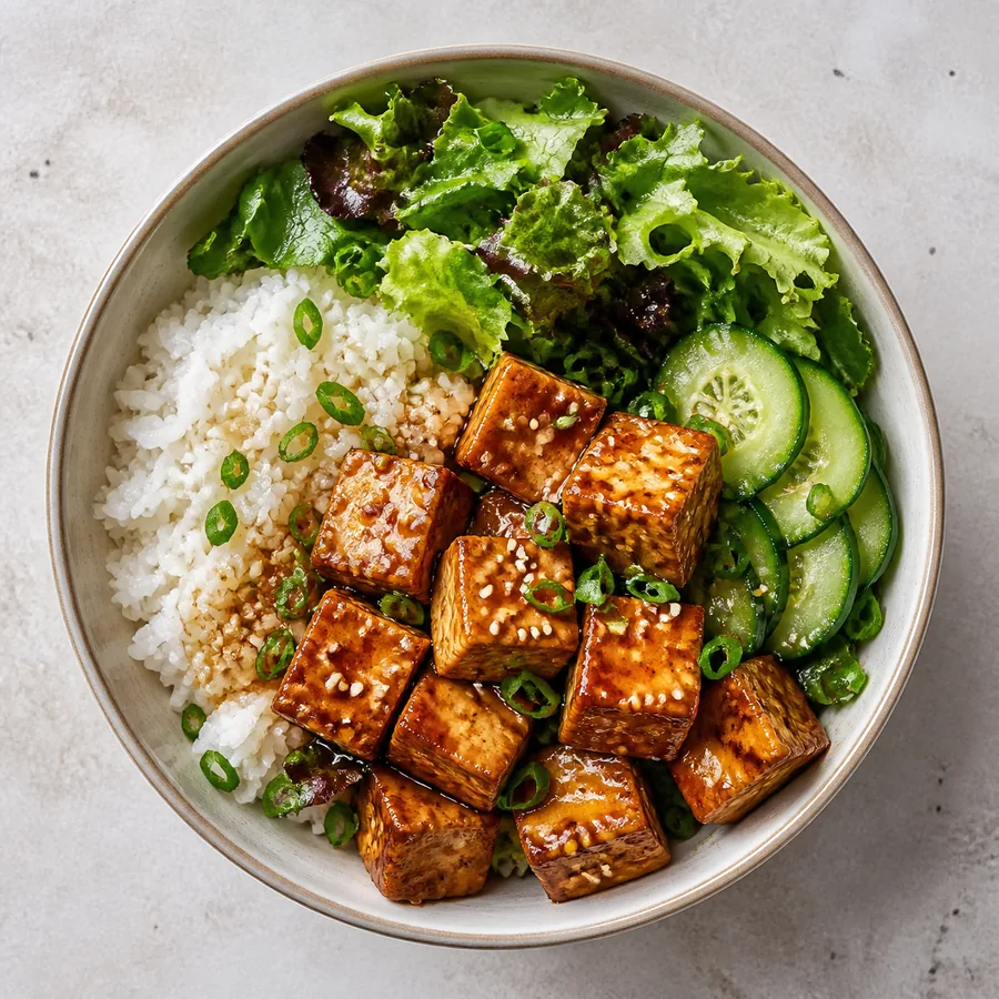 Amazonian Garden Inspired Crisp Tofu Rice Bowls, finished dish