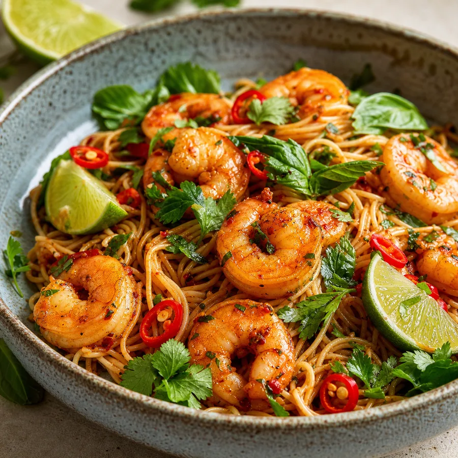 Amazonian Market Inspired Chili Shrimp Rice Noodles, finished dish