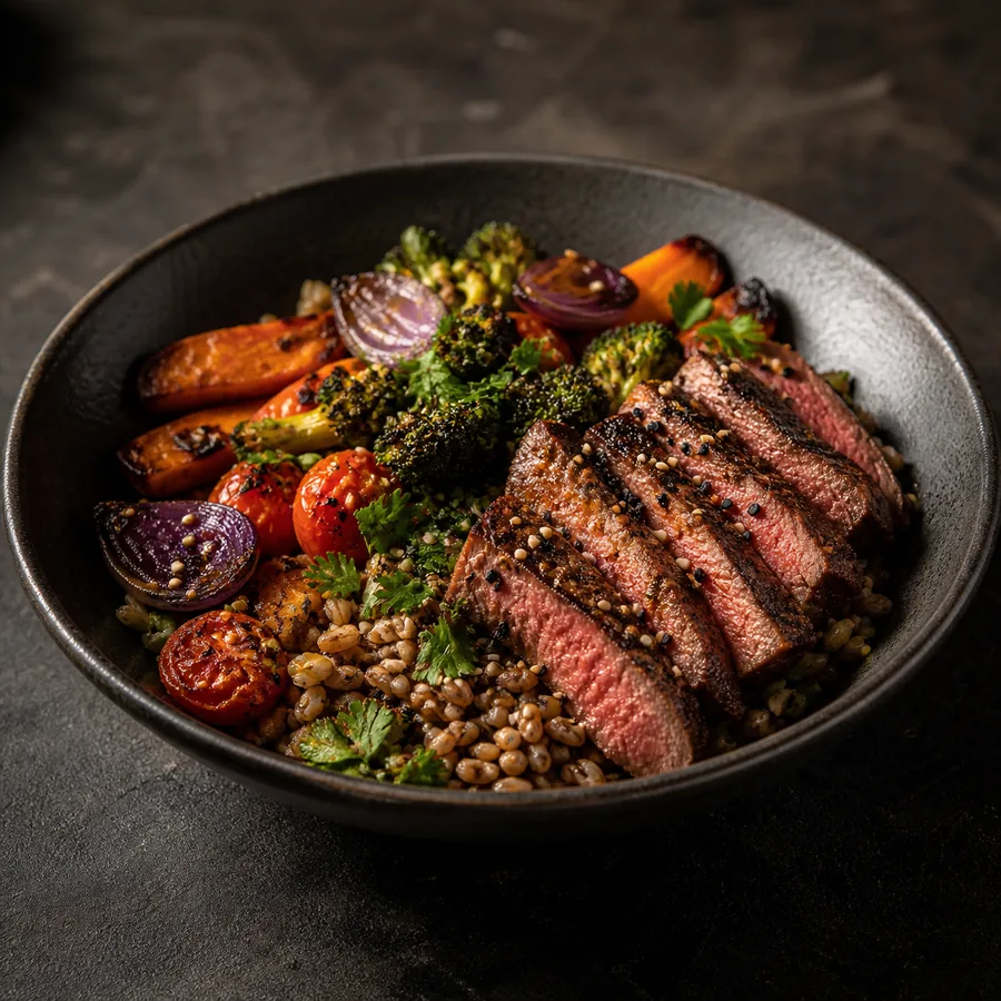 Amazonian Market Inspired Seared Beef Grain Bowls, finished dish