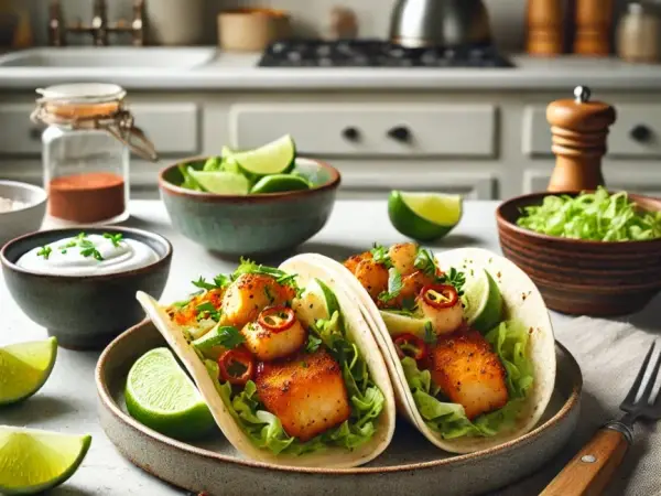 Ancho Chili Lime Fish Tacos with Mango Salsa, finished dish