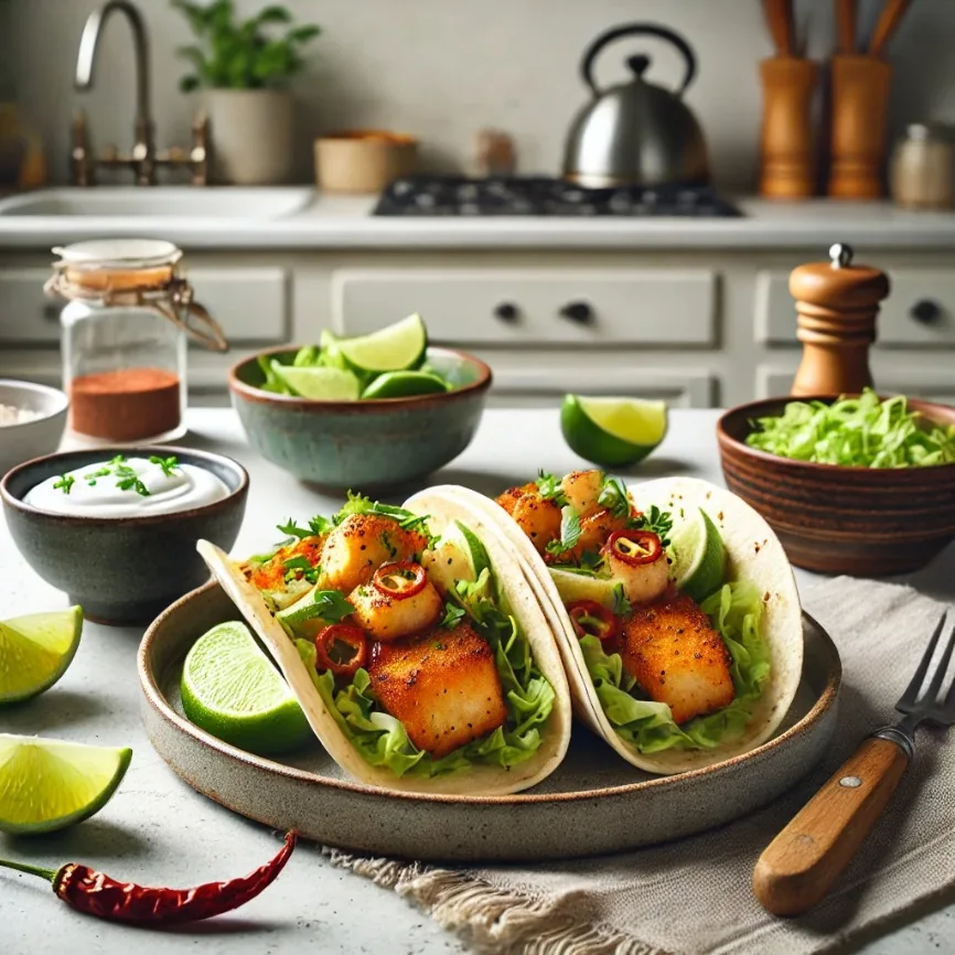 Ancho Chili Lime Fish Tacos with Mango Salsa, finished dish