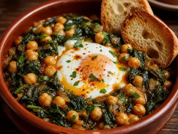 Andalusian Espinacas con Garbanzos with Egg, plated and ready to serve