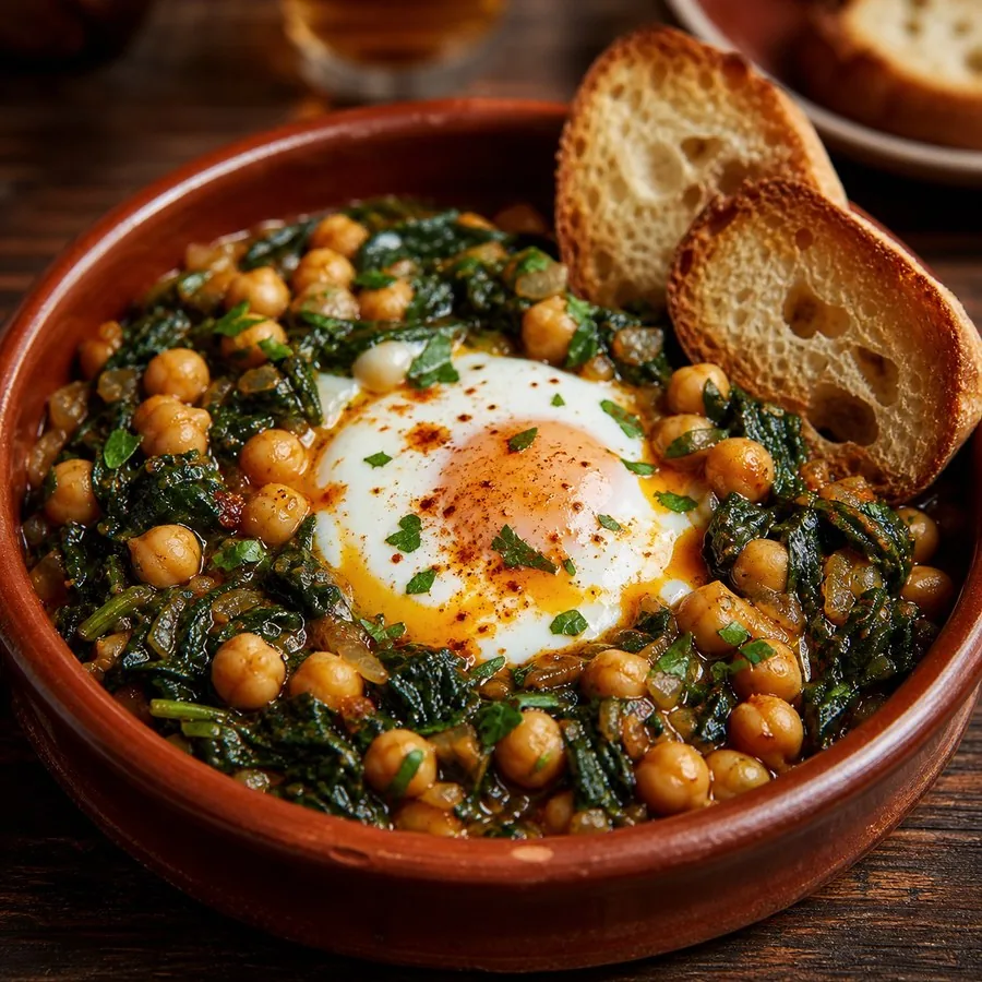 Andalusian Espinacas con Garbanzos with Egg, plated and ready to serve