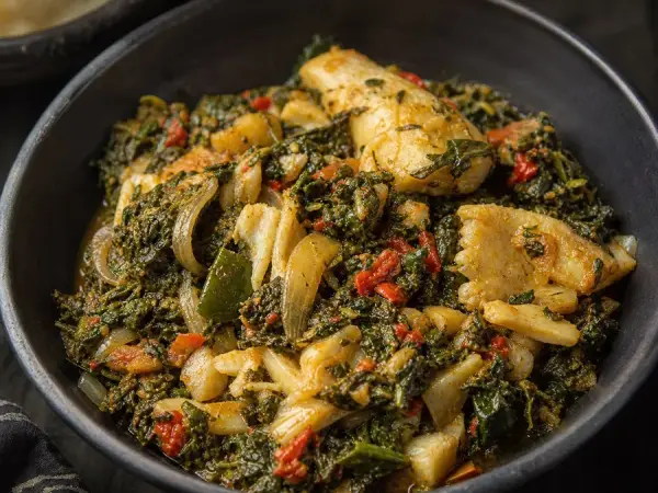 Angolan Calulu with Salt Cod and Greens, plated as a finished dinner