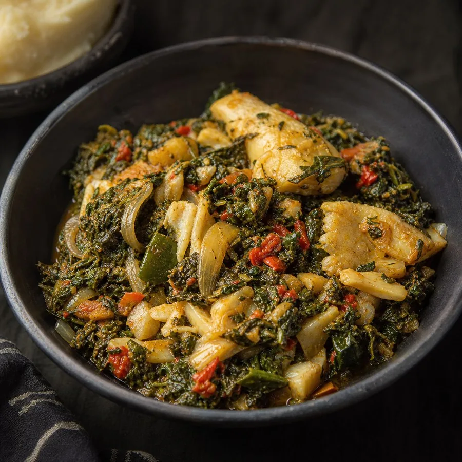 Angolan Calulu with Salt Cod and Greens, plated as a finished dinner