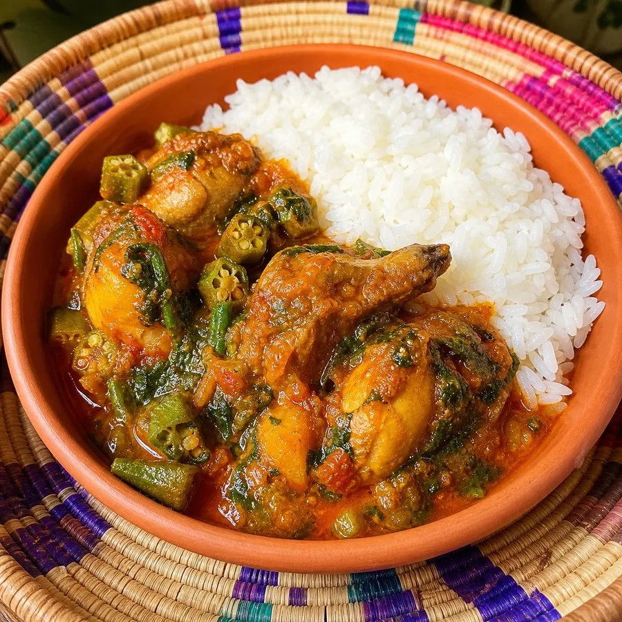 Angolan-inspired Moamba Chicken with rice in a terracotta bowl