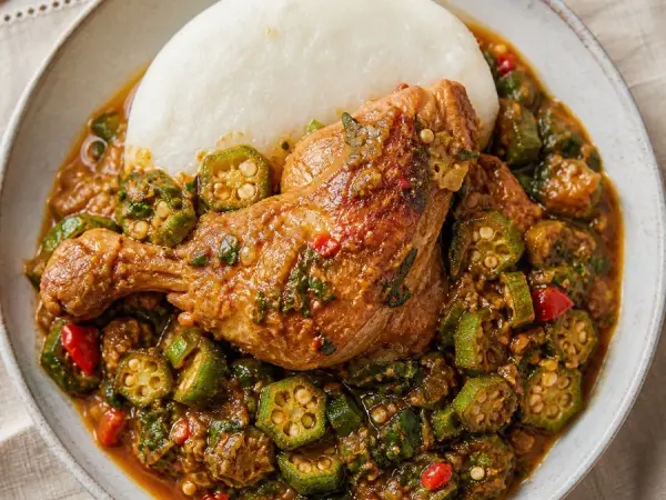 Angolan Muamba Chicken with Okra, plated as a finished dinner