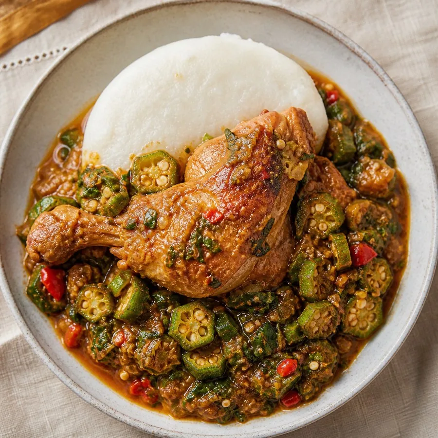 Angolan Muamba Chicken with Okra, plated as a finished dinner