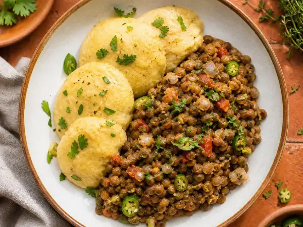 Antiguan Fungee and Peppery Lentils, finished dinner