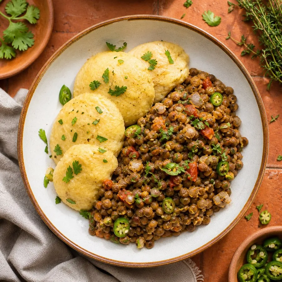 Antiguan Fungee and Peppery Lentils, finished dinner