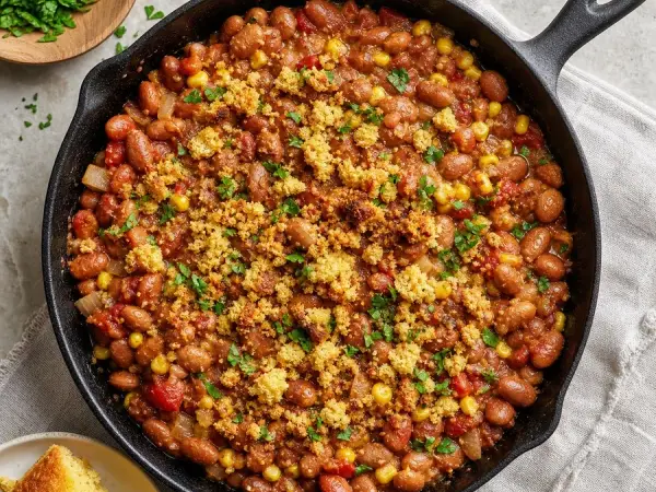Appalachian Pinto Bean Skillet with Cornbread Crumbs, finished dish