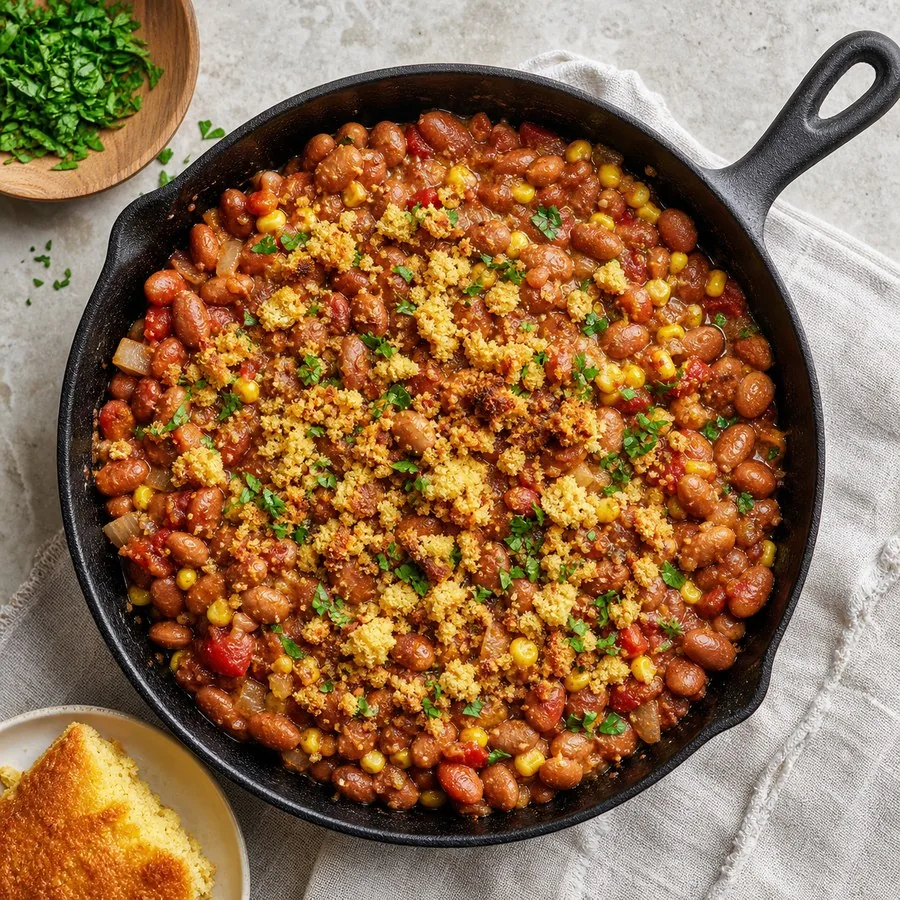 Appalachian Pinto Bean Skillet with Cornbread Crumbs, finished dish