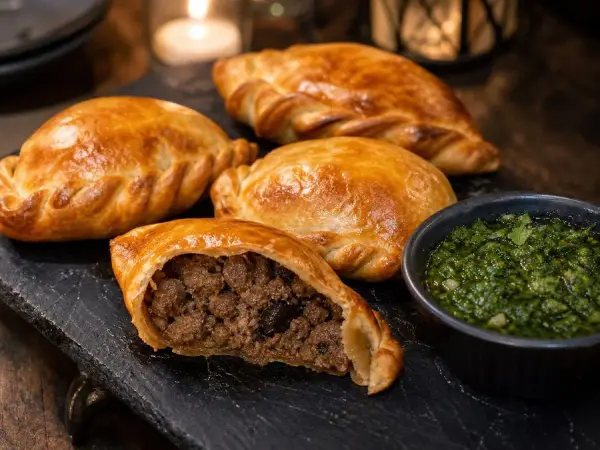 Golden beef empanadas with bright green chimichurri sauce