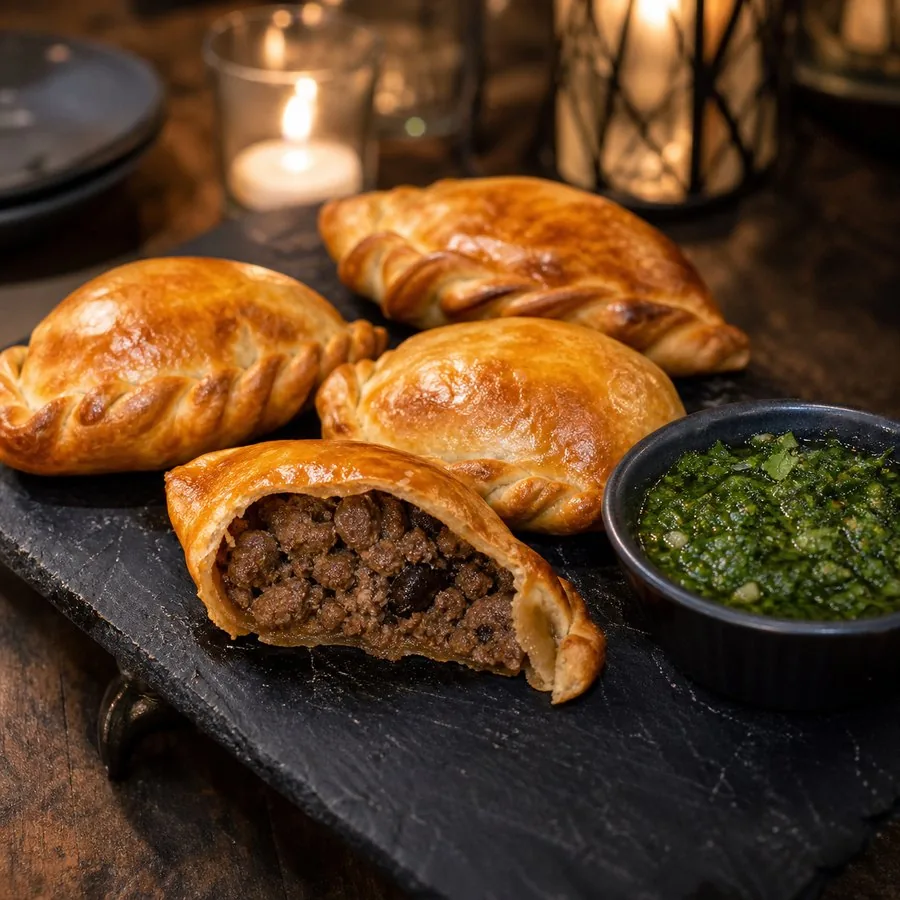 Golden beef empanadas with bright green chimichurri sauce
