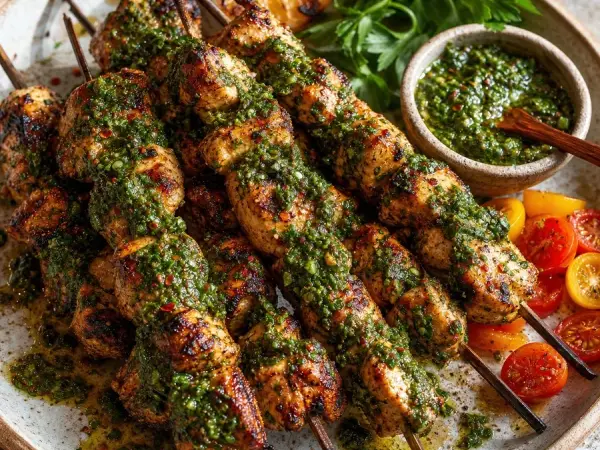 Argentine Chimichurri Chicken Skewers, finished dish