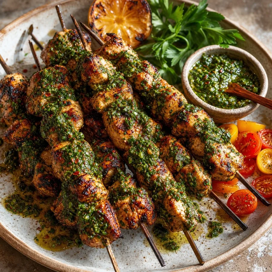 Argentine Chimichurri Chicken Skewers, finished dish