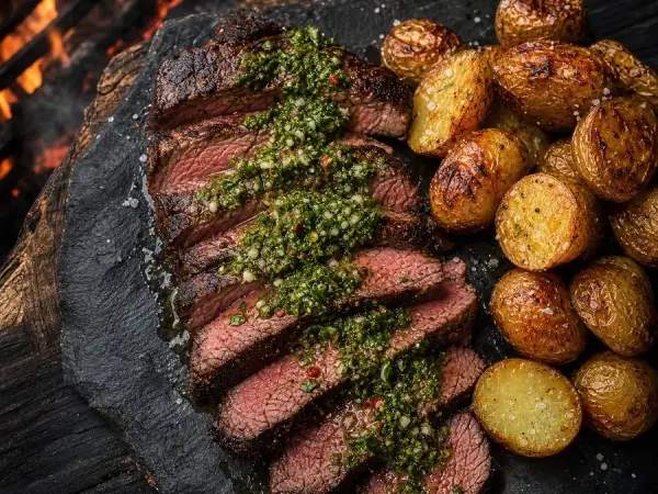 Sliced steak with green chimichurri and crisp roasted baby potatoes