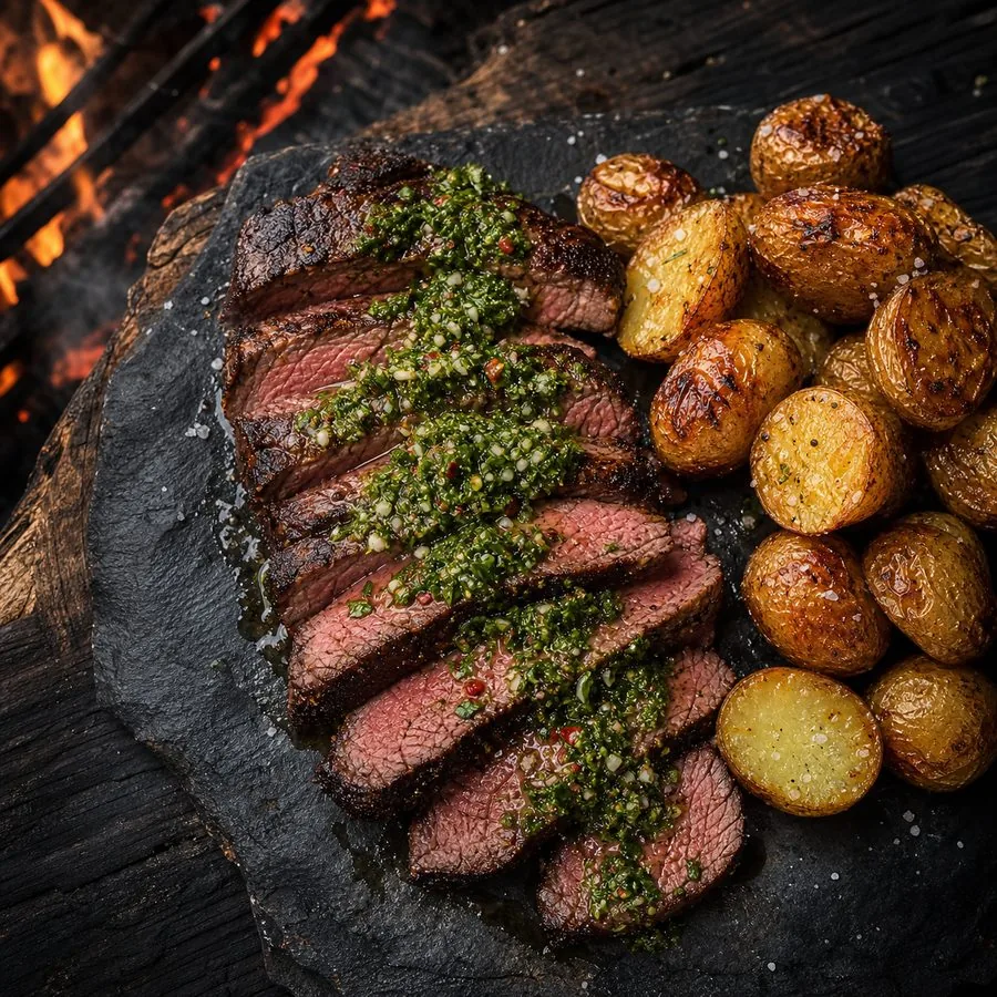 Sliced steak with green chimichurri and crisp roasted baby potatoes