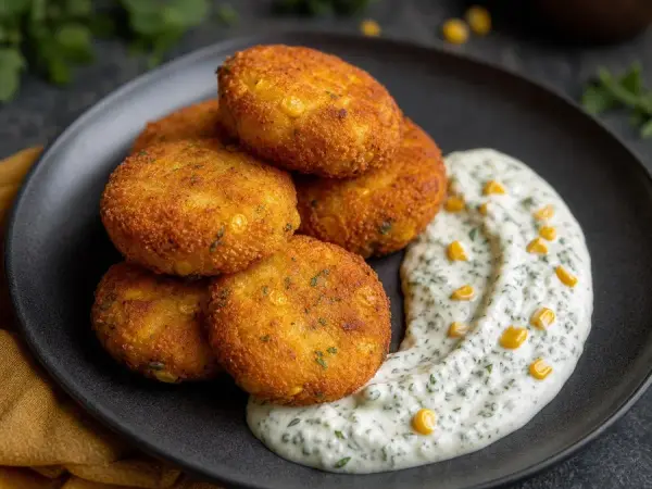 Argentine Humita Croquettes with Herb Yogurt, finished dish