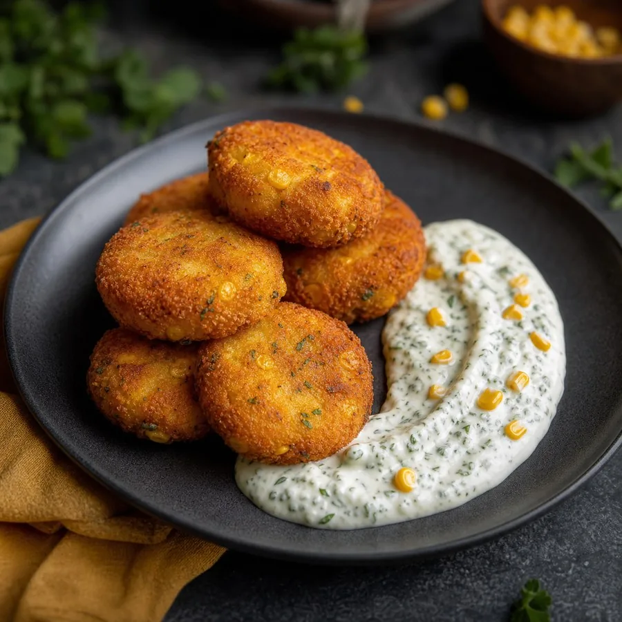 Argentine Humita Croquettes with Herb Yogurt, finished dish
