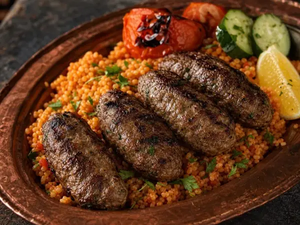 Armenian Beef Kofta with Tomato Bulgur, finished dish