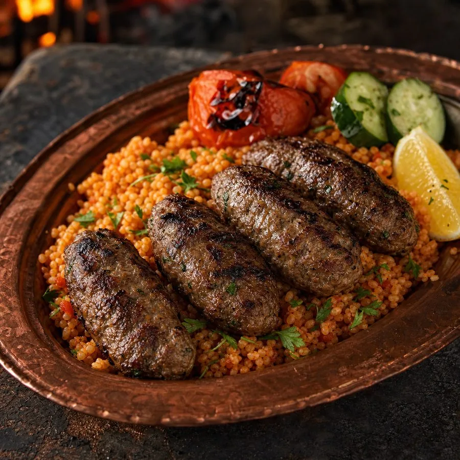 Armenian Beef Kofta with Tomato Bulgur, finished dish