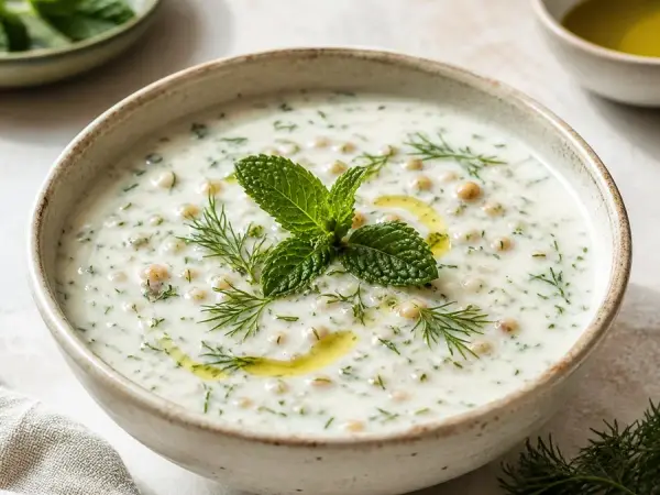 Armenian Tanapur Yogurt Wheat Soup, plated and ready to serve