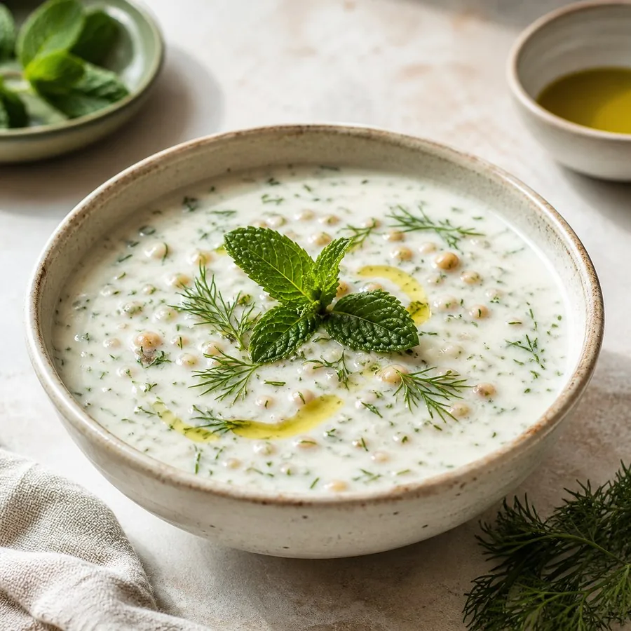 Armenian Tanapur Yogurt Wheat Soup, plated and ready to serve