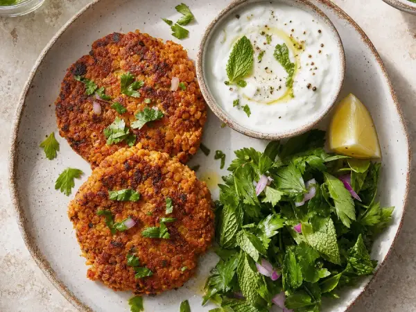 Armenian lentil bulgur patties with yogurt and herbs