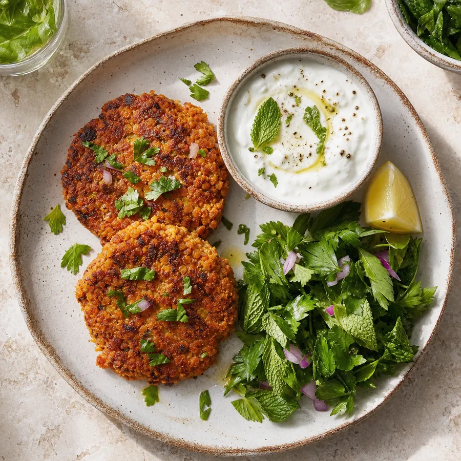 Armenian lentil bulgur patties with yogurt and herbs
