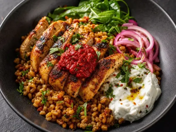Assyrian Harissa Barley Chicken Bowl, finished dish