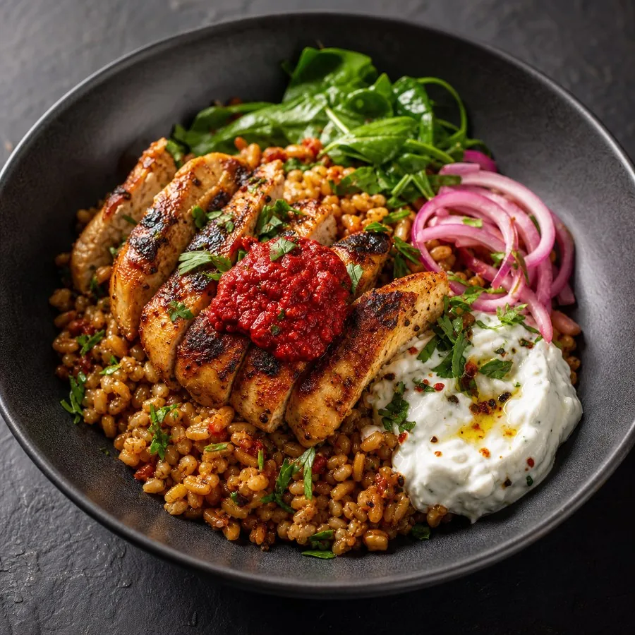 Assyrian Harissa Wheat Chicken Bowl, finished dish