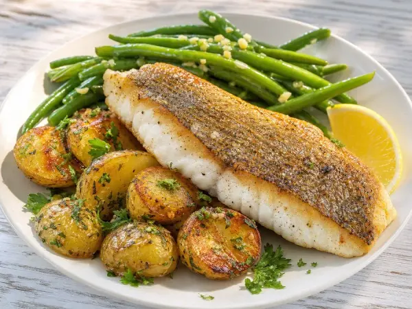 Crisp-skinned barramundi with lemon myrtle potatoes and green beans