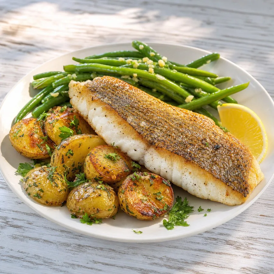 Crisp-skinned barramundi with lemon myrtle potatoes and green beans