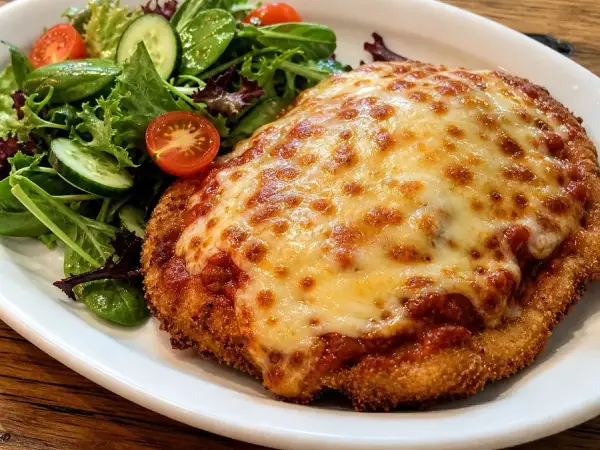 Crisp chicken parmigiana with melted cheese and garden salad